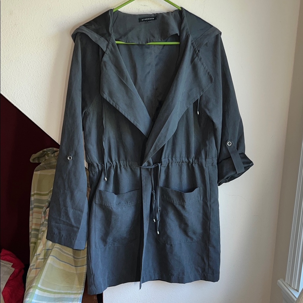 Staccato Gray Hooded Women's Trench Coat Draw String Waist‎ Jacket L